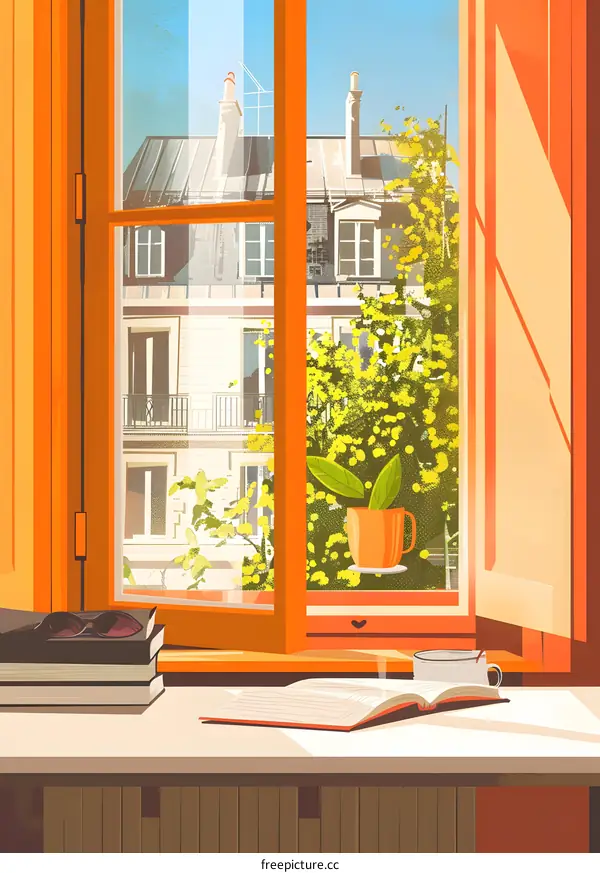 Open Window View of Cityscape with a Book and a Mug of Coffee on a Table