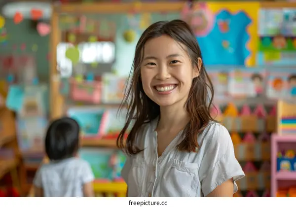 Portrait of a smiling Asian woman in a colorful classroom