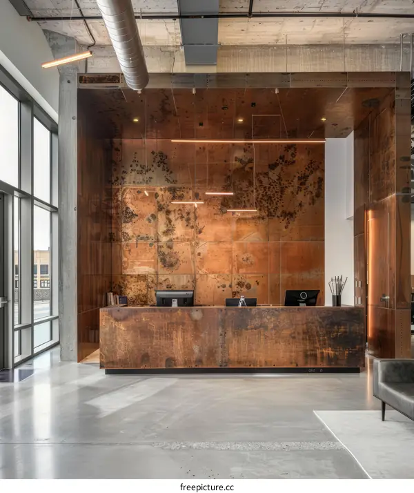 Copper-Clad Office Lobby with Concrete Ceiling
