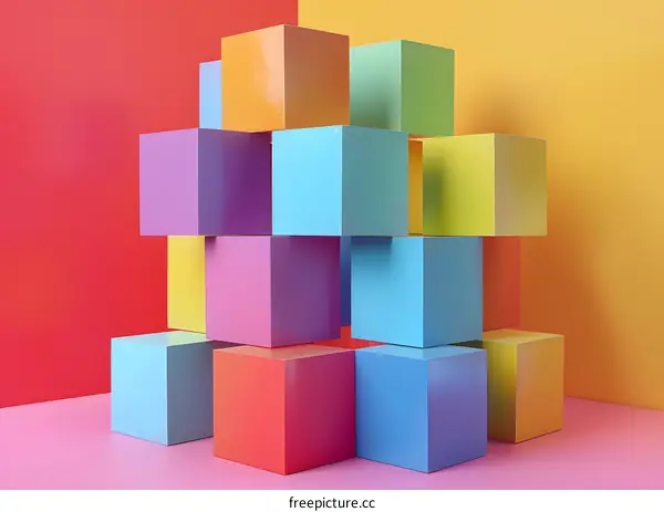 Colorful 3D cubes stacked in front of a pink and yellow background