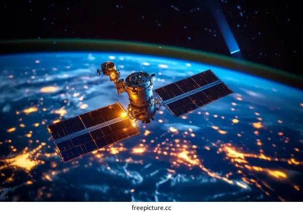 Space Station Orbiting Earth at Night