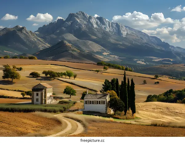 Farmhouses and majestic mountain landscape