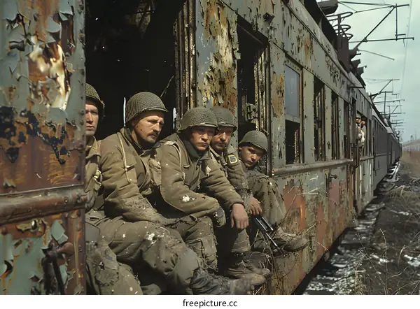 World War II Soldiers Inside a Damaged Train