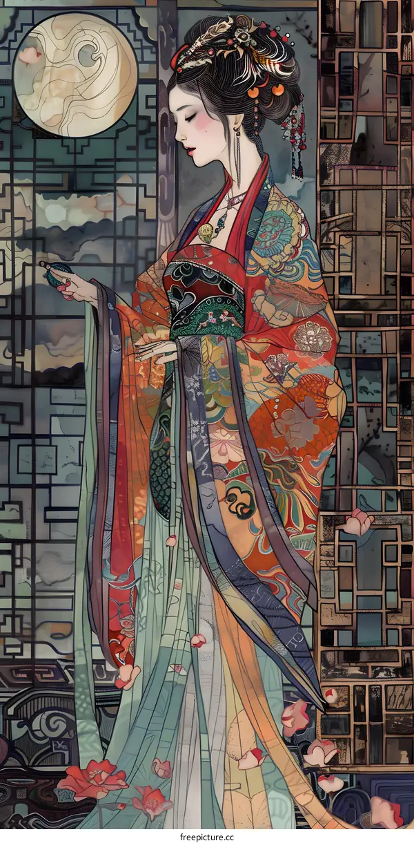 Elegant Woman in Traditional Chinese Dress with Flower Pattern