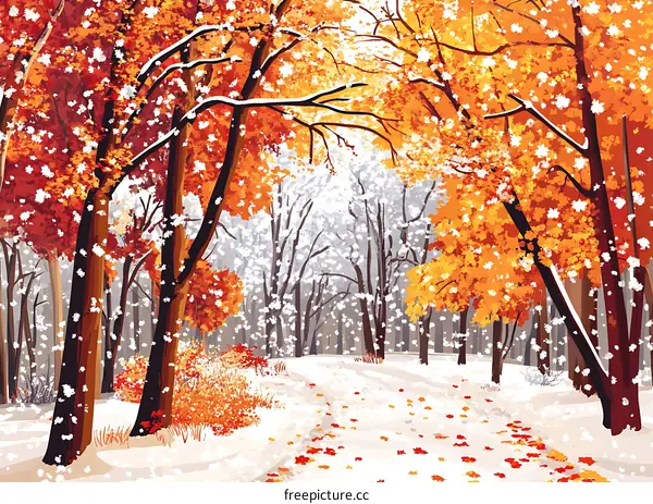 Snowy Forest Path with Autumn Leaves
