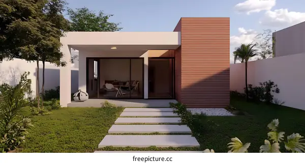 Modern Minimalist Home Exterior Design with Brick Wall and Stone Path