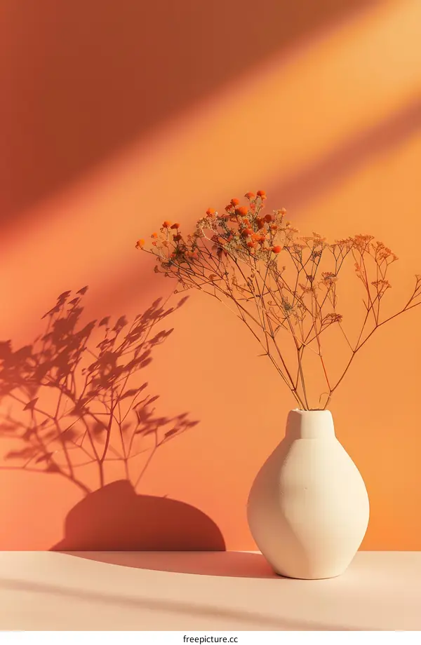Dried Flowers In Vase With Orange Background
