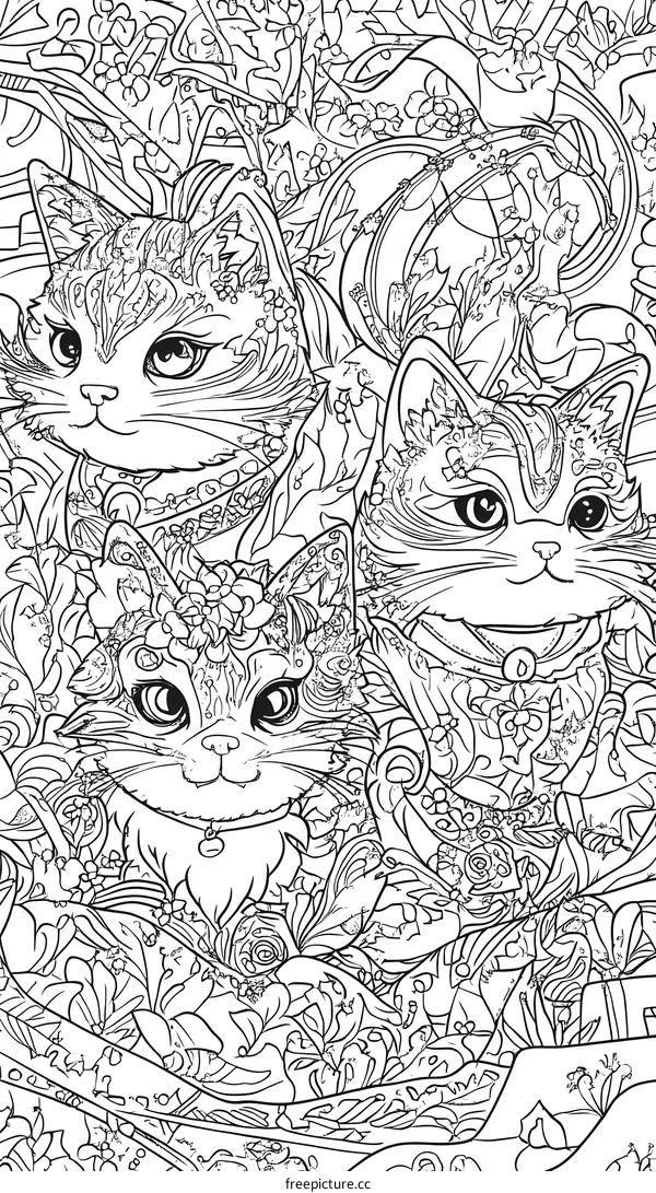Cute Cats in a Floral Design