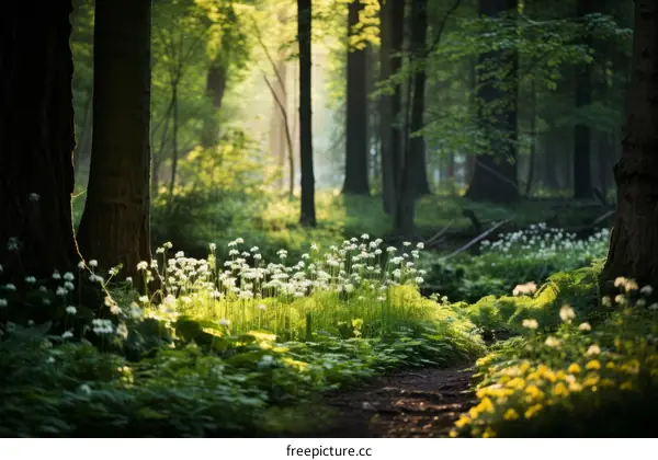 Small white flowers bloom in a dense green forest with a ray of sunlight shining through the trees