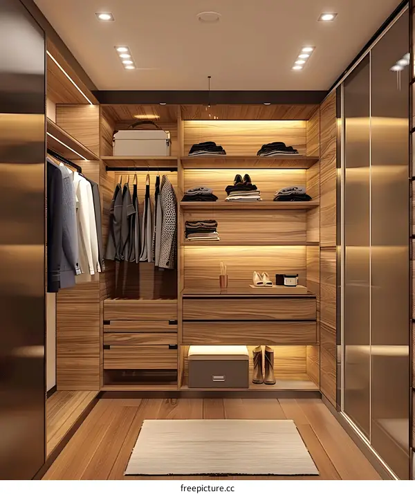 Modern Walk in Closet Design With Wooden Shelving And Lighting