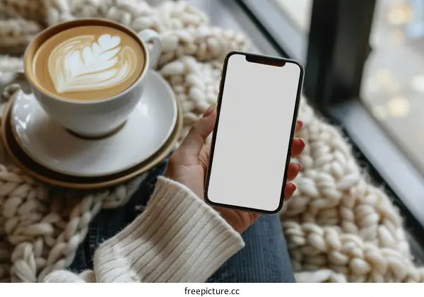 A young woman holding a smartphone with a blank screen