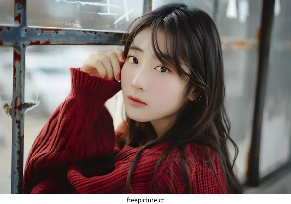 Portrait of a Young Asian Woman Wearing a Red Sweater