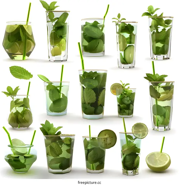 Fresh Green Mint Mojito Cocktail Drinks in Glasses with Straws