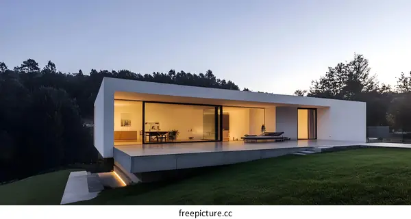 Modern White House with Glass Windows and Patio