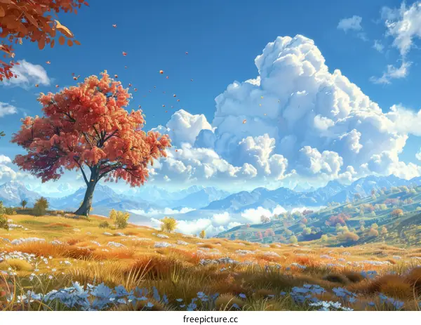 Autumn Countryside Landscape with Trees, Grass and River