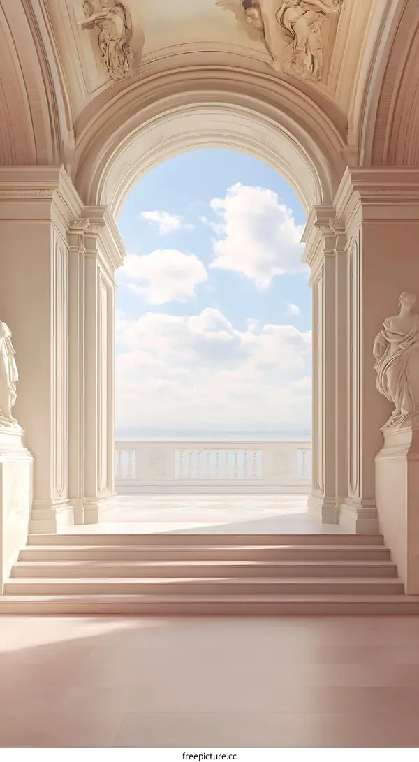White Archway Leading to a Balcony with a View of the Sea and Sky