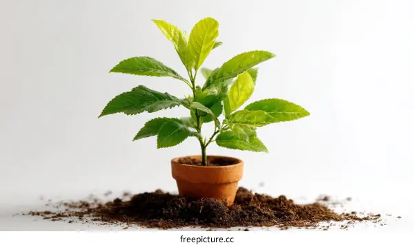 Small Plant in Terracotta Pot on White Background