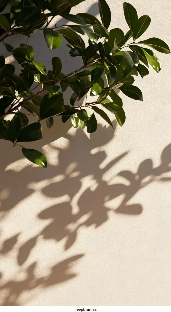 Natural Light and Shadow Play of Lush Foliage on Beige Wall