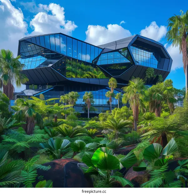 Futuristic office building with lush greenery