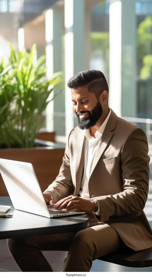 Young Indian businessman working on laptop in modern office space