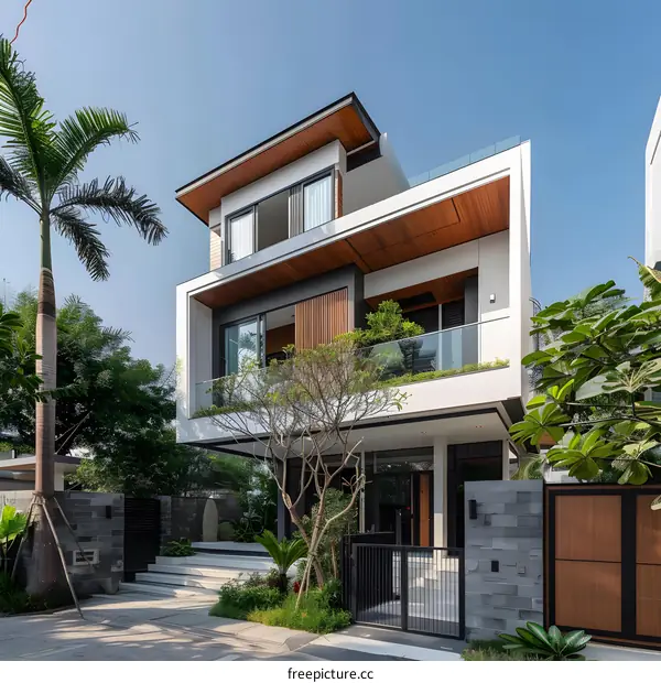 Modern House with Wooden Accents and a Balcony