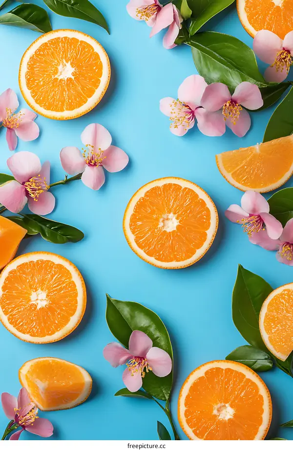 Fresh Orange Slices and Pink Flowers on Blue Background