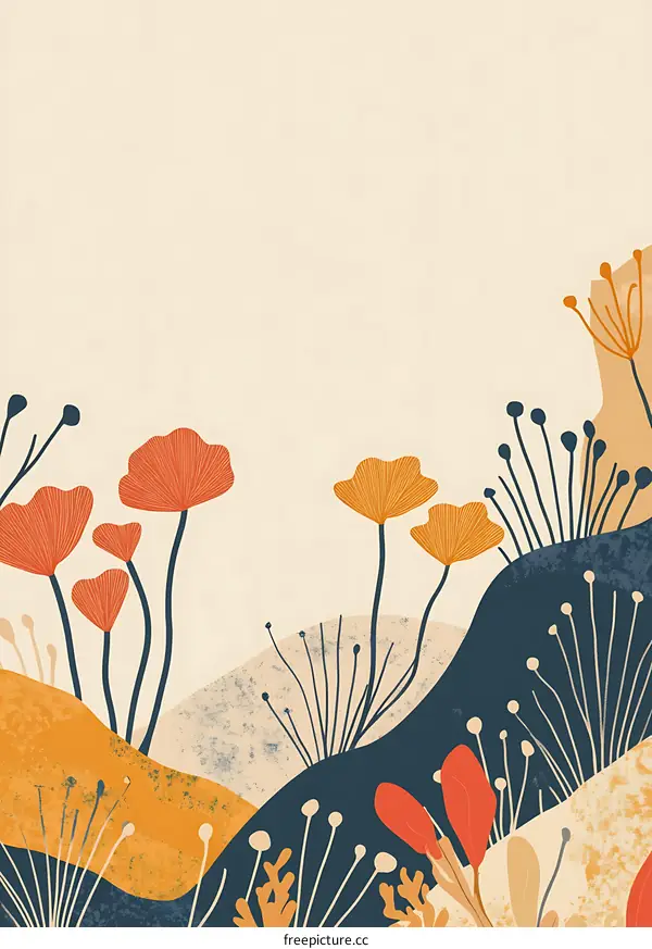 Abstract Floral Illustration with Orange and Blue Colors