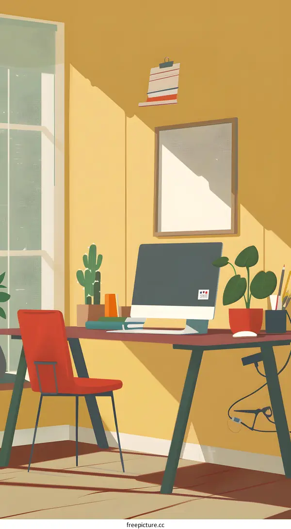 Modern Home Office Workspace with Computer and Plants