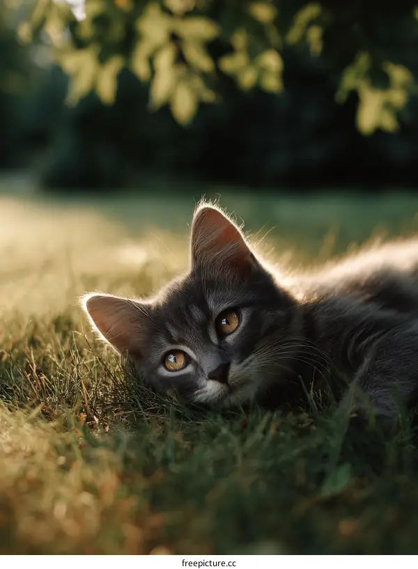 A Gray Kitten Lying in the Grass