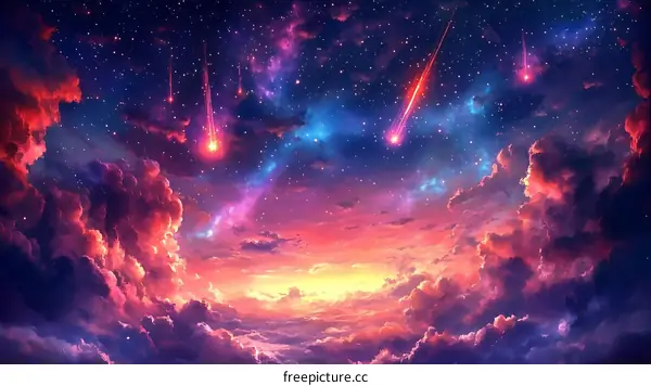 Colorful Celestial Sky with Falling Stars