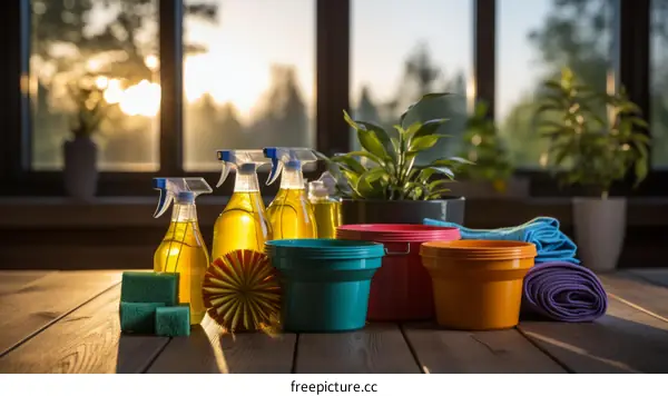 Essential Cleaning Supplies Organized on a Wooden Table