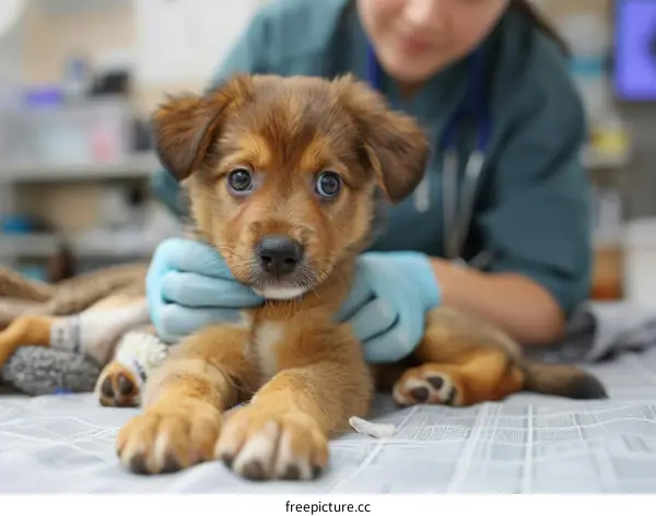Little brown puppy being examined by a veterinarian