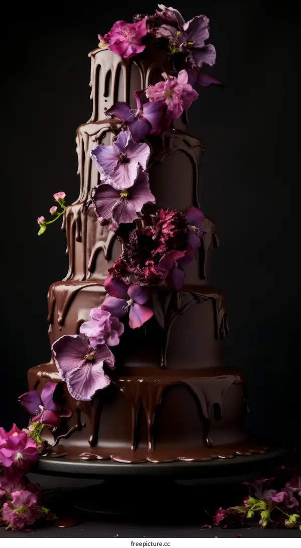 Four tiers of chocolate cake with purple flowers