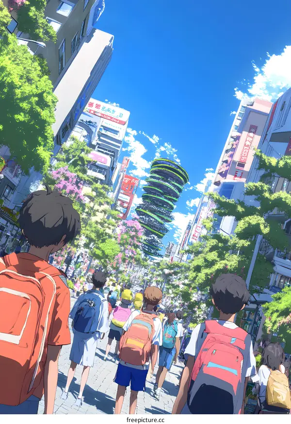 Anime Illustration of People Walking Down a Street with Buildings and a Giant Green Tower in the Middle of the City