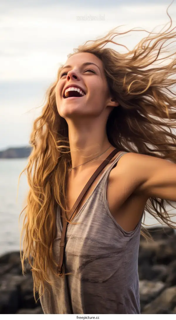 Laughing blonde woman throwing her head back with joy