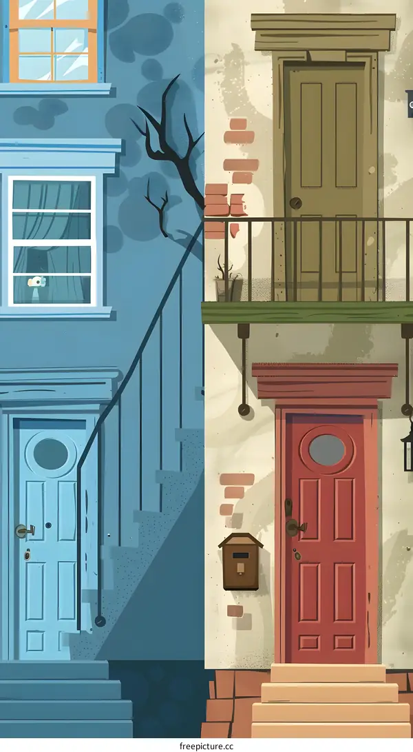 Illustrated Cityscape with Two Buildings