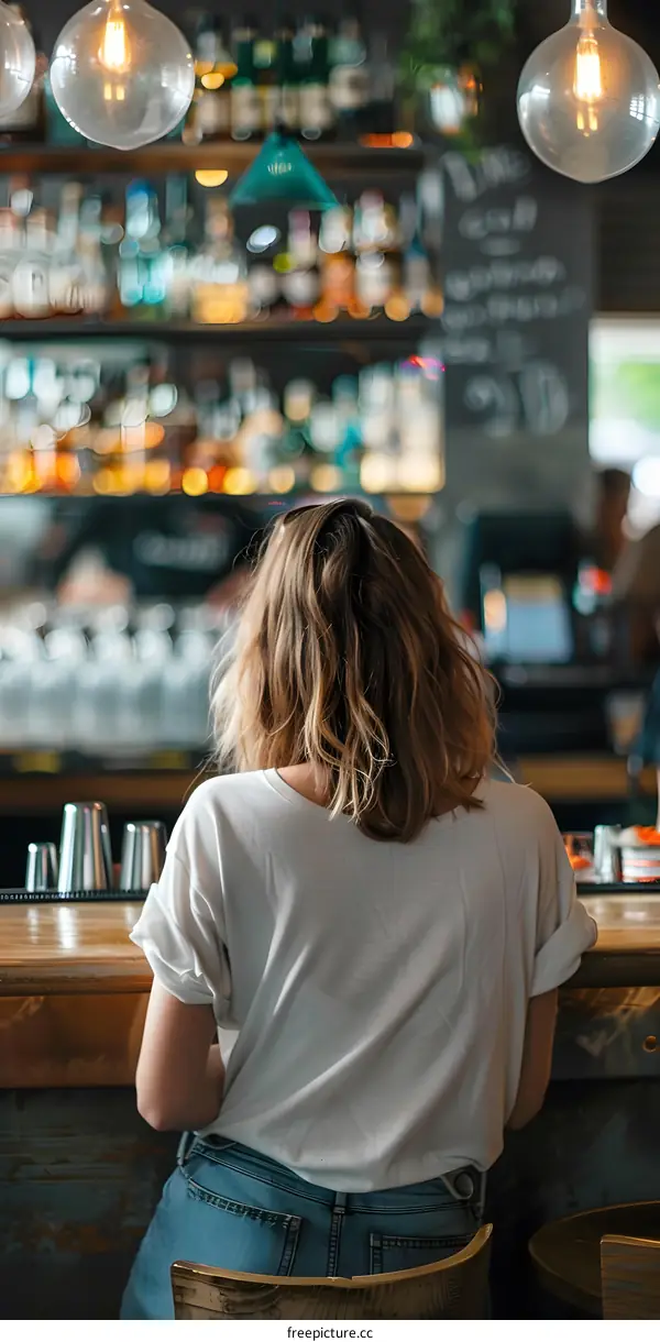 Woman Sitting at a Bar with a Drink in a White Shirt