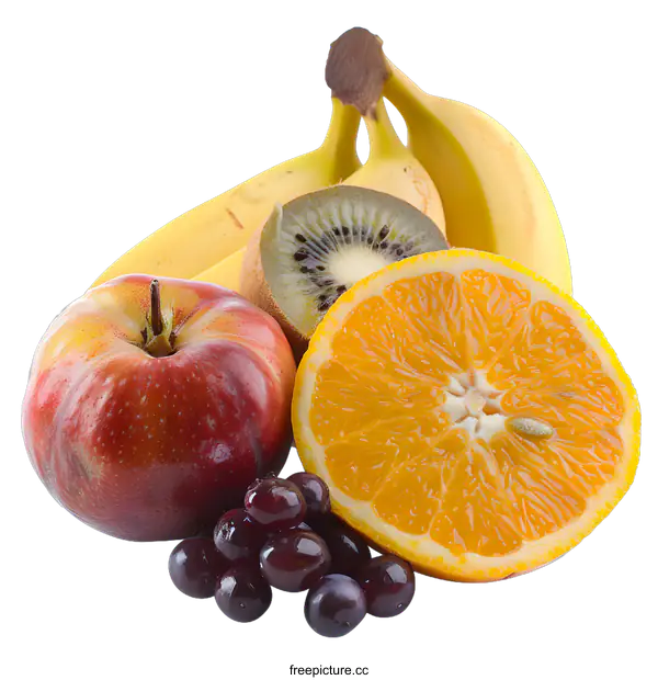 [Transparent Background PNG]Fresh Fruits Mix with Apple, Banana, Kiwi, Orange and Grapes