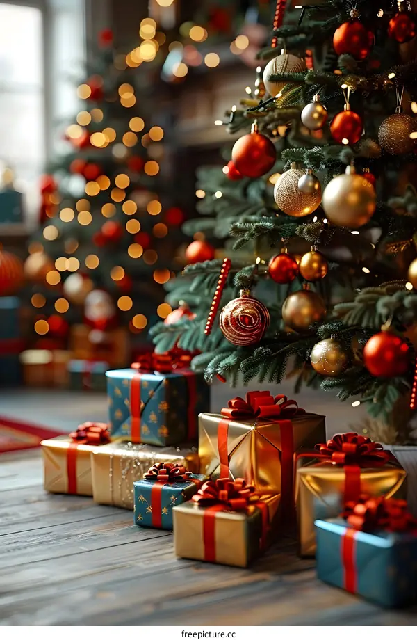 Christmas tree with red and gold ornaments and presents under the tree