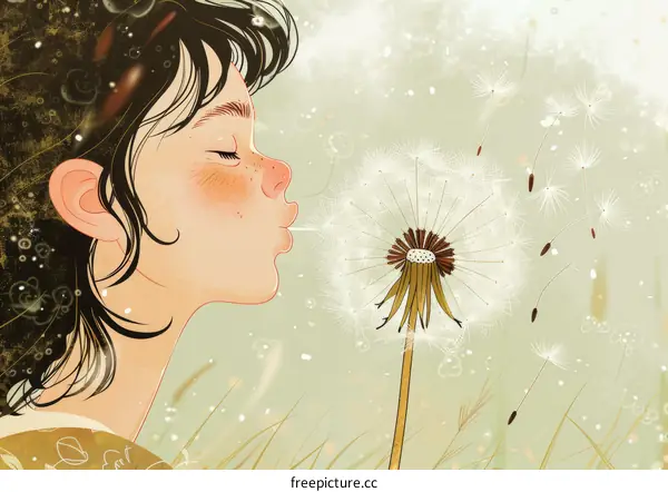 girl blowing dandelion illustration