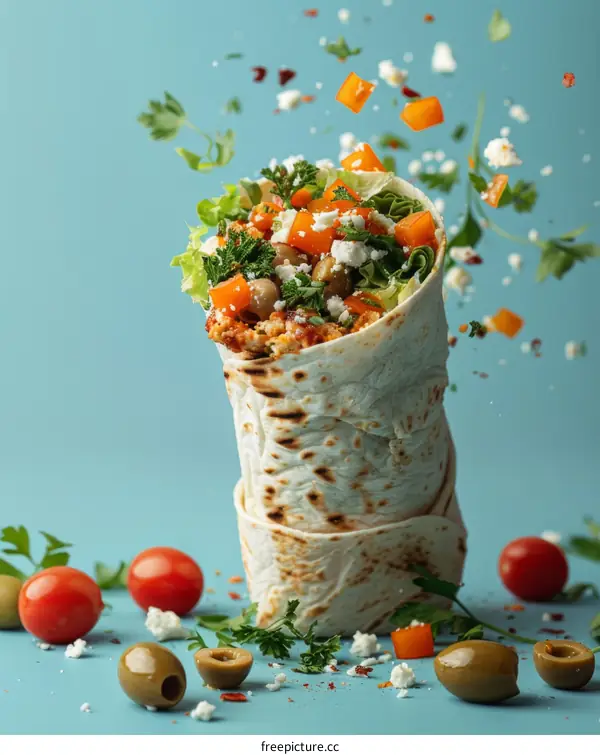 A delicious and healthy Mediterranean wrap with fresh vegetables and falafel