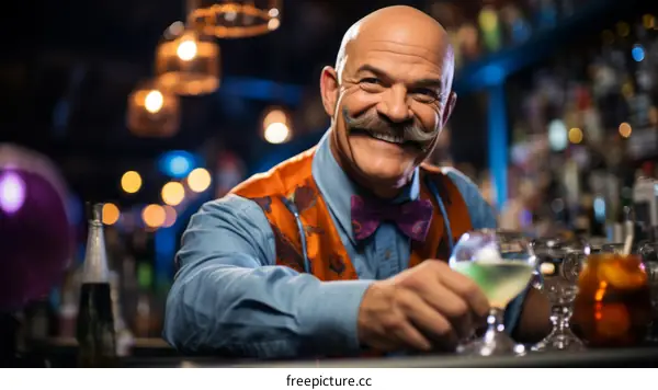 Happy bartender with mustache holding a cocktail