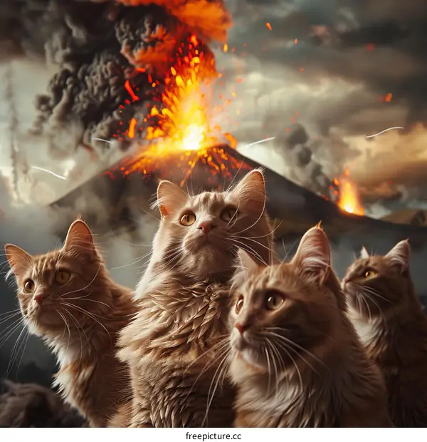 Four ginger cats looking at a volcanic eruption
