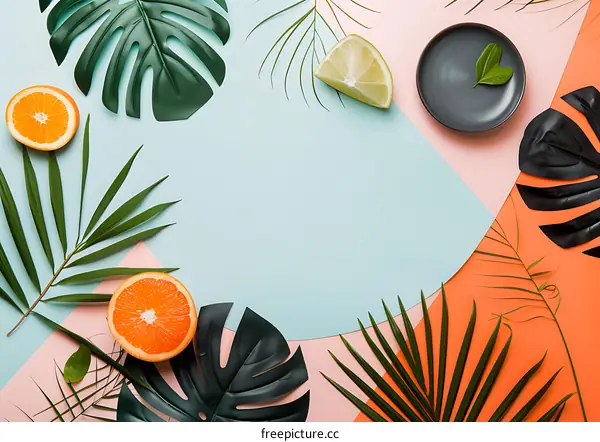 Summer Tropical Background With Orange, Lime, Palm Leaves And Monstera Leaves