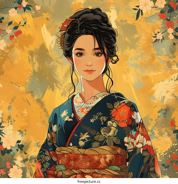 An illustration of a Japanese woman wearing a kimono with a floral pattern