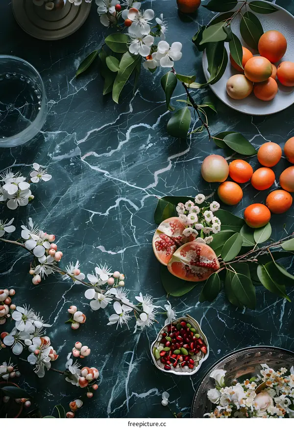 Floral and Fruit Still Life on a Green Marble Surface