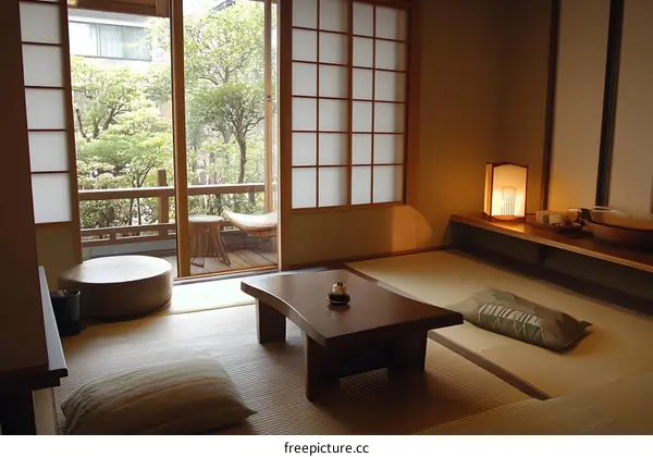 Japanese Style Room Interior Design With Tatami Mat And Wooden Table