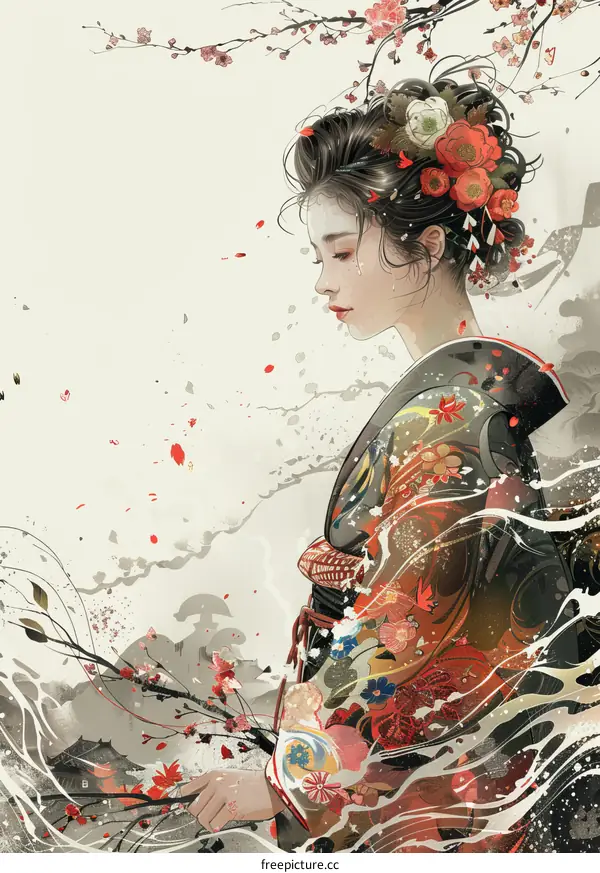 A Japanese Girl Wearing Kimono Under the Cherry Blossoms