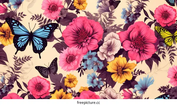 Pink and Purple Floral Pattern with Swirling Butterflies