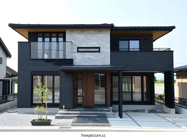 Modern Black and Grey Brick House with Wooden Door and Balcony